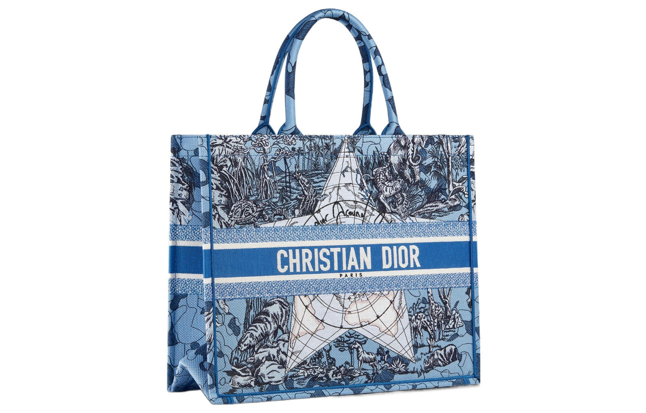 DIOR BookTote Embroidery One Shoulder Handbags Large Size Women's Klein Blue