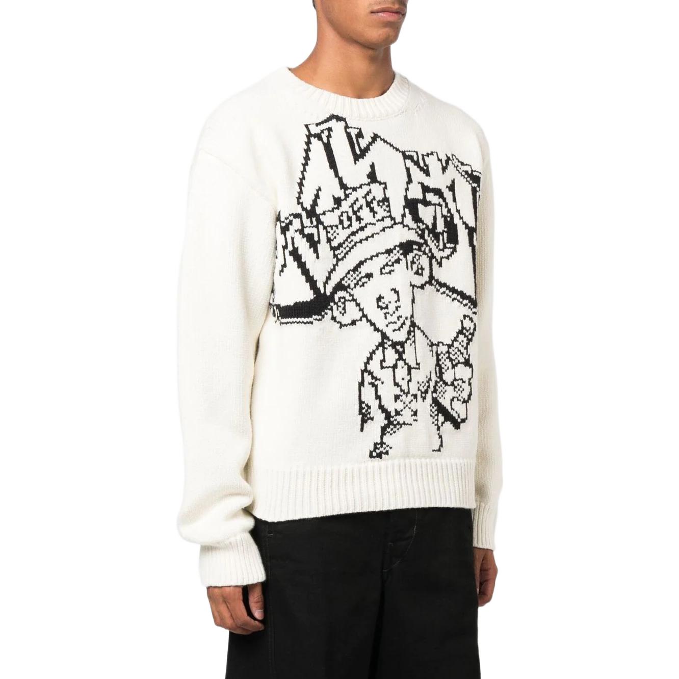 Men's Off-White FW22 Pattern Intarsia Knit Round Neck Long Sleeves Wool Sweater Loose Fit White OMHE136F22KNI0020310