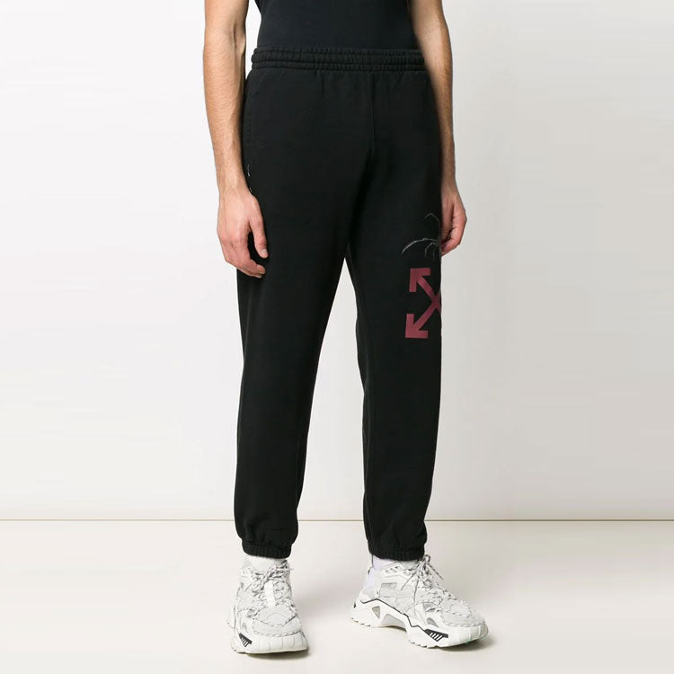 Men's Off-White Logo Spider Pattern Printing Bundle Feet Sports Pants/Trousers/Joggers Black OMCH022S20E300011024