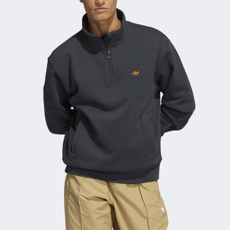 Men's adidas originals Logo Embroidered Solid Color 1/4 Zipper Stand Collar Jacket Dark Grey GR8771