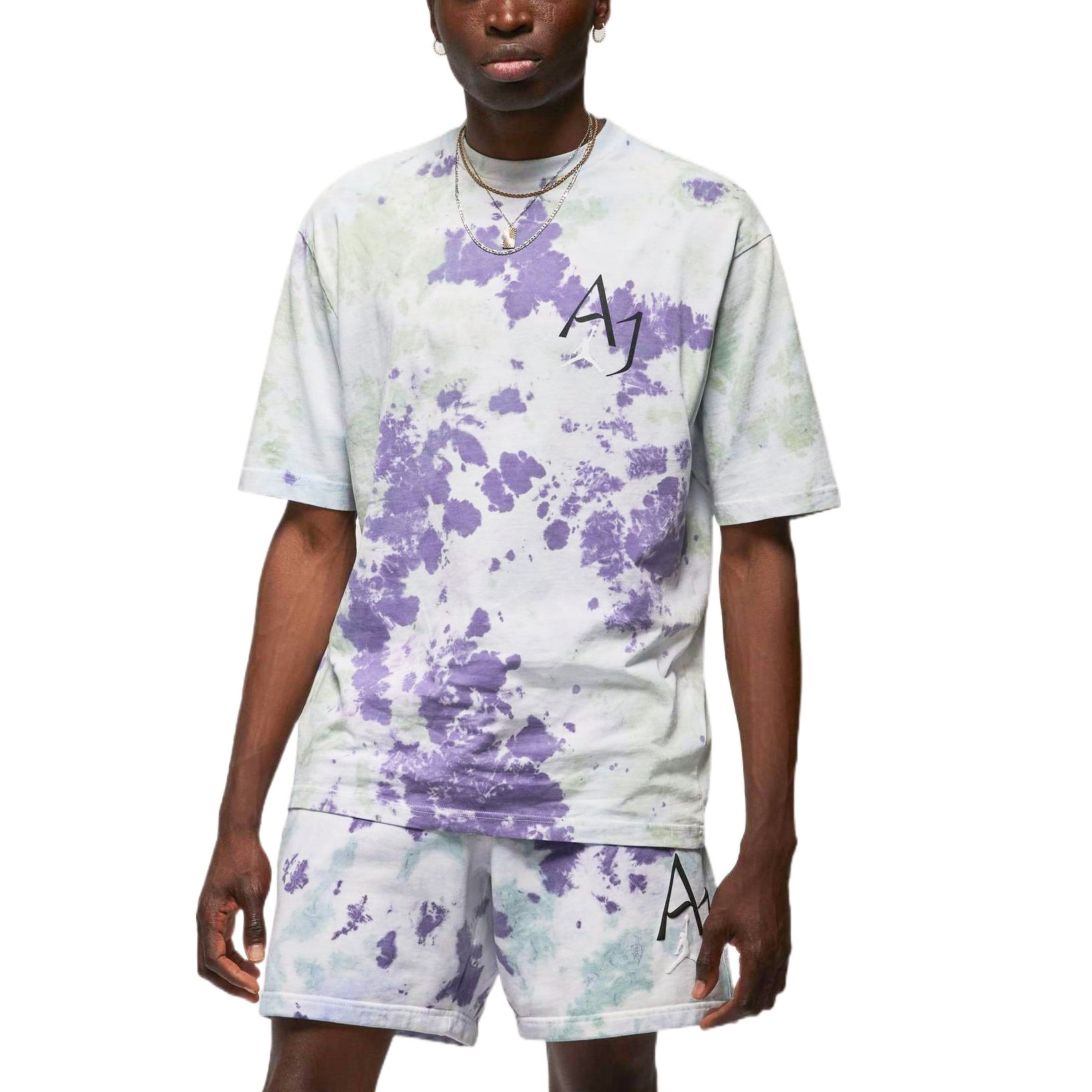 Men's Air Jordan Splash Ink Color Block Alphabet Printing Casual Short Sleeve Blue T-Shirt DM1455-366