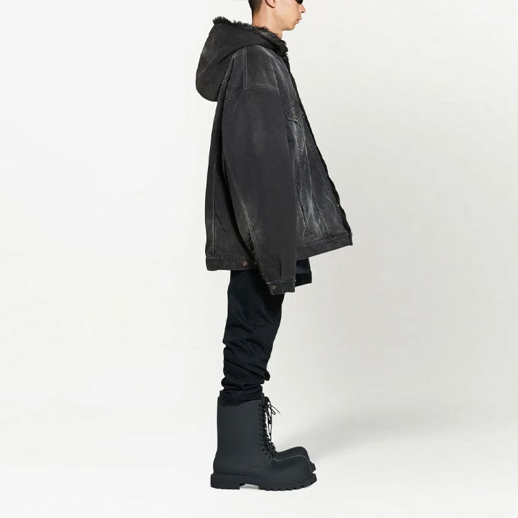 Balenciaga Bleached-Effect Button-Up Hooded Denim Jacket 'Black' 724653TNW541129