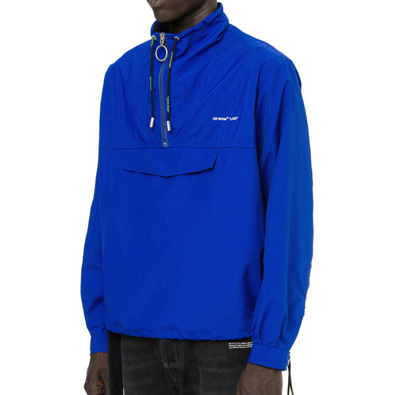 Men's Off-White Nylon Drawstring Alphabet Logo Sports Pullover Jacket Blue OMEA166S19C010243010