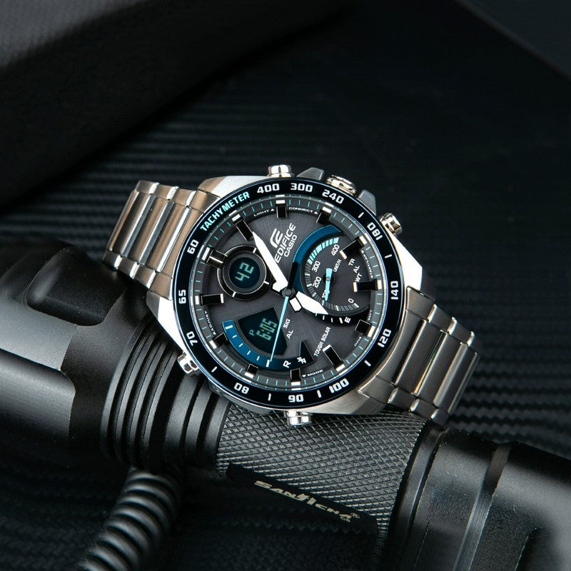 CASIO Waterproof EDIFICE Sapphire Crystal Mens Silver Analog/Digital Combo ECB-900DB-1B