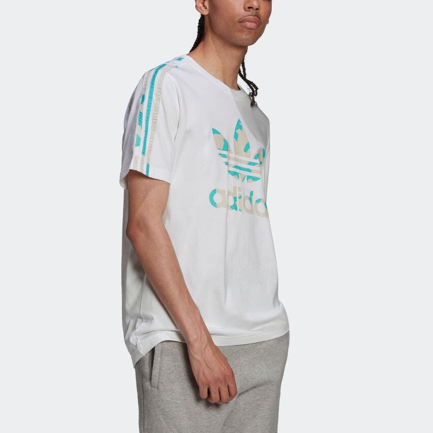 Men's adidas originals Pattern Camouflage Logo Stripe Short Sleeve White T-Shirt HF4892