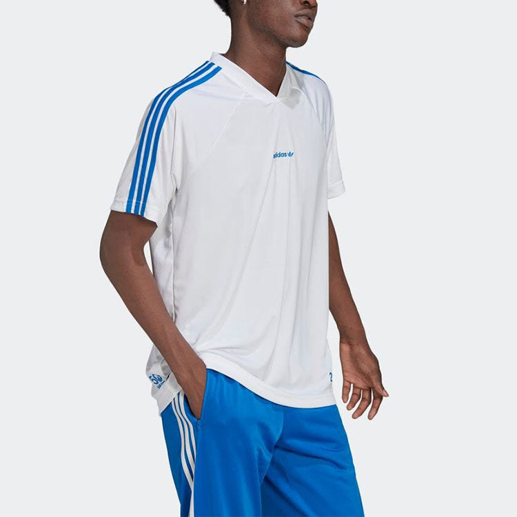 Men's adidas originals Logo Printing Stripe V Neck Short Sleeve Japanese Version White T-Shirt HC7169