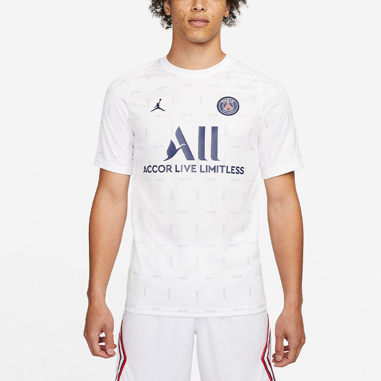 Air Jordan Paris Saint-Germain Pre-Match Dri-fit Soccer/Football Full Print Round Neck Pullover Short Sleeve White DH7692-101