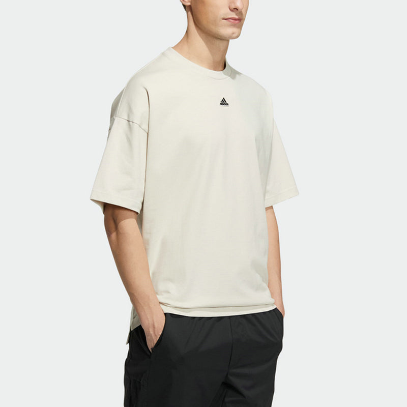 Men's adidas Solid Color Logo Loose Sports Short Sleeve Creamy White T-Shirt HS4379