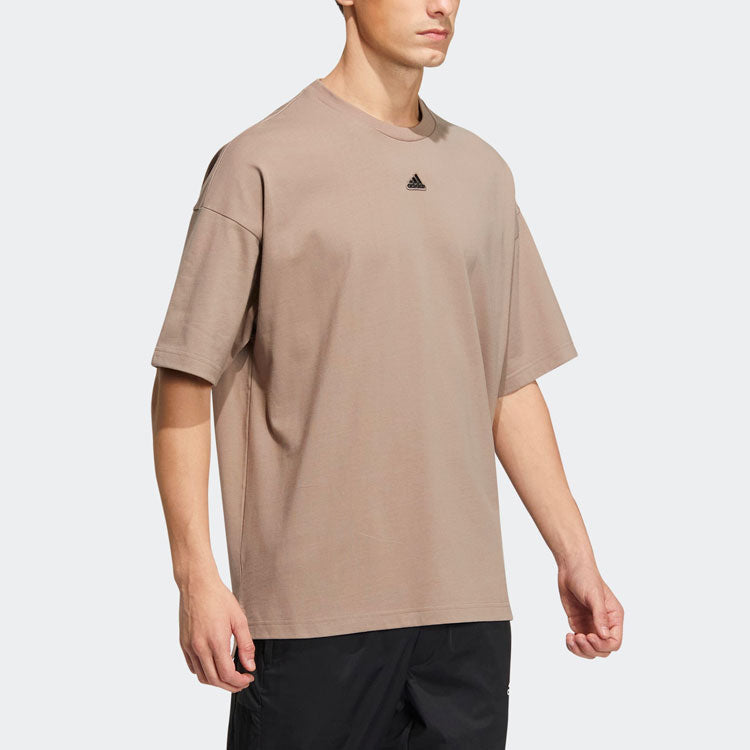 Men's adidas Solid Color Logo Round Neck Sports Short Sleeve Gray Brown T-Shirt HS4380