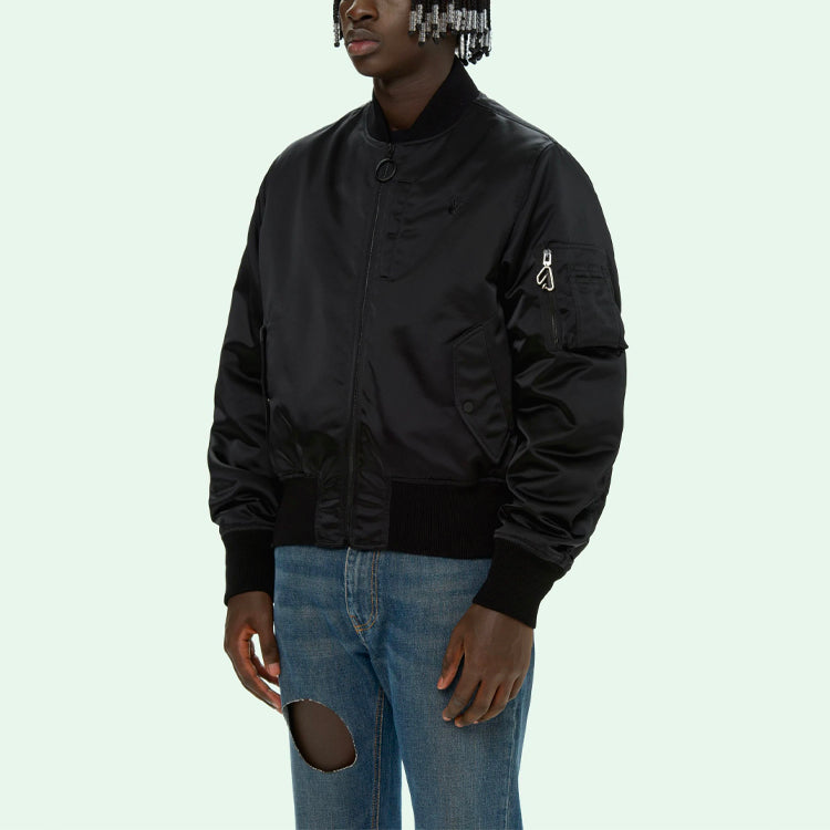Off-White SS21 Logo Pattern Zipper aviator Jacket Loose Fit Black OMEH032S21FAB0011010