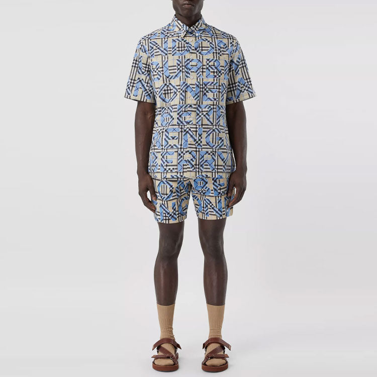 Men's Burberry Plaid Logo Printing Cotton Short Sleeve Shirt 80393081