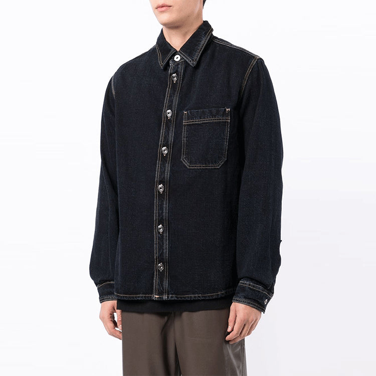 Men's Off-White FW21 Adornment Slogan Denim Long Sleeves Denim Deep Blue Shirt OMYD027F21DEN0014701