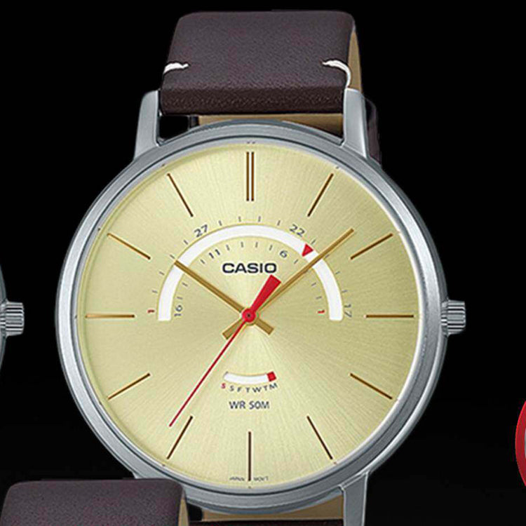Men's CASIO Dress Series waterproof quartz Watch Color 43mm Brown Strap Mens Gold Analog MTP-B105L-9AV