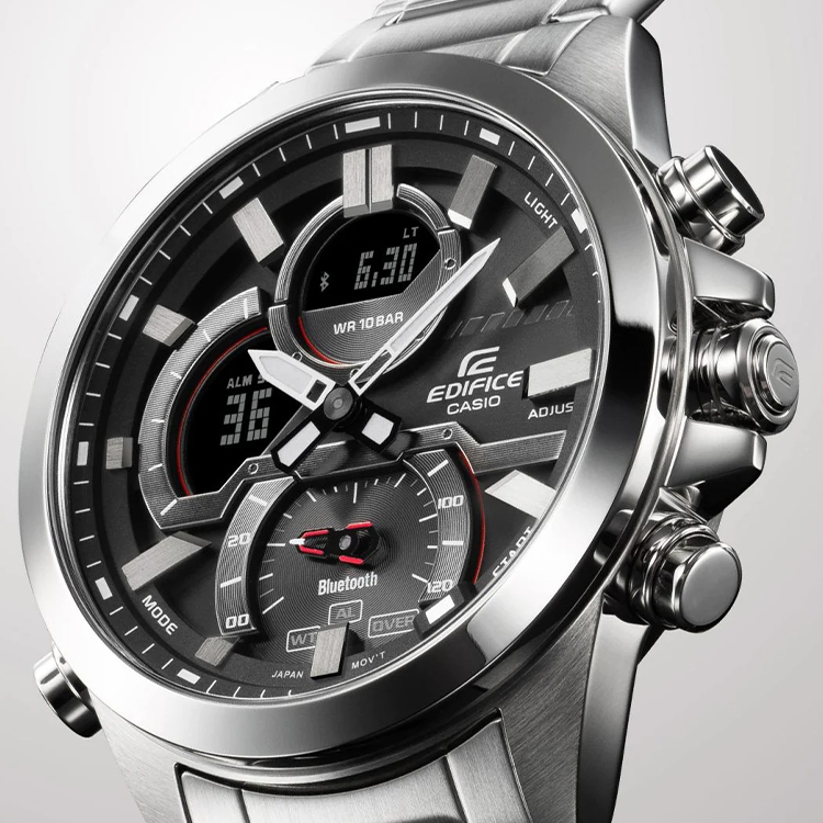 Men's CASIO edifice Series 2022 Luminous Stainless Steel Silver Strap Black Dial 100m Waterproof Watch Analog Mens ECB-30D-1A