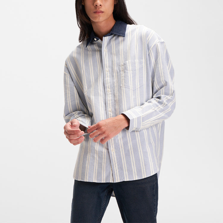 Men's Levis Series Lapel Pure Cotton Stripe Long Sleeves Blue Shirt 52355-0000
