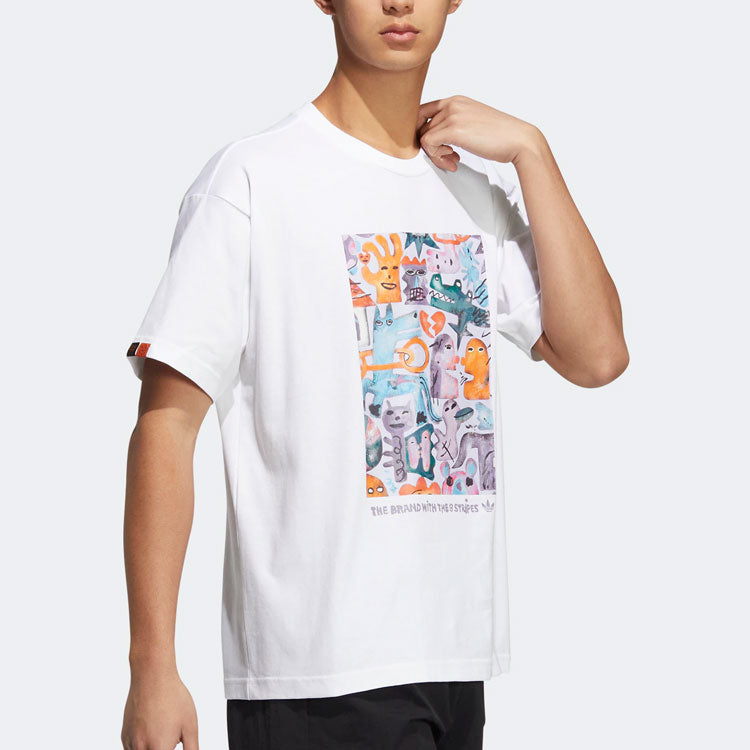 Men's adidas originals Chest Pattern Cartoon Printing Round Neck Short Sleeve White T-Shirt HR6452