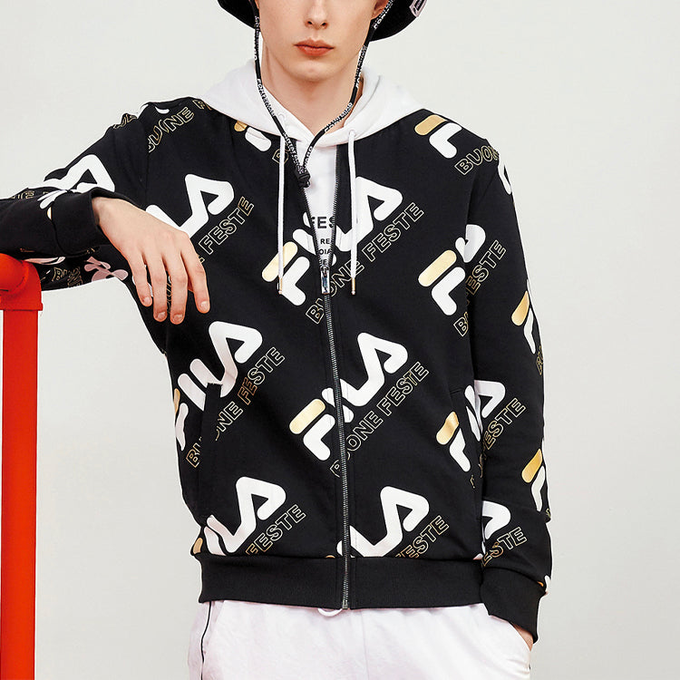 FILA WHITE LINE Series Logo Full Print Sports Knit Jacket Black F11M018514F-BK