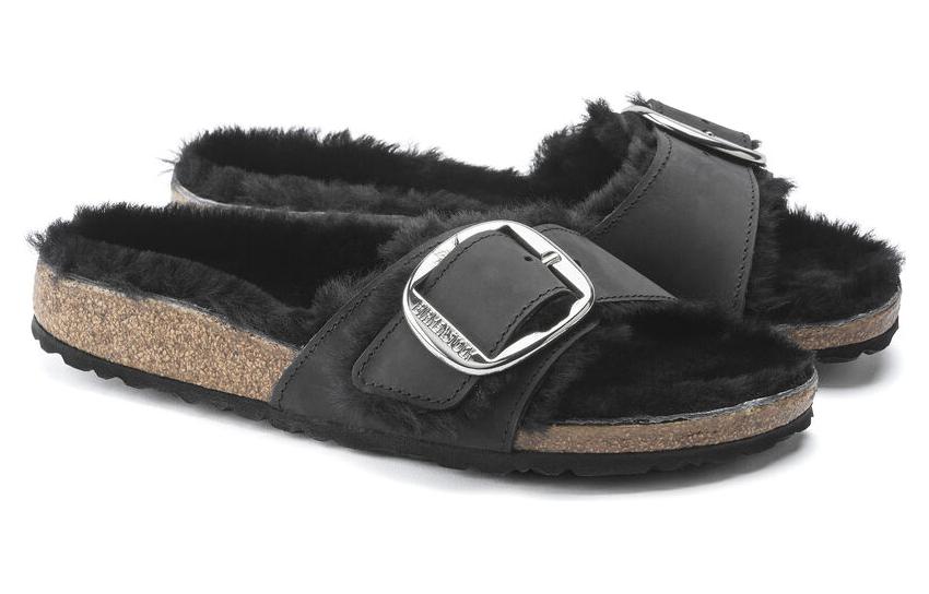 (WMNS) Birkenstock Madrid Big Buckle Shearling Oiled Leather Narrow Fit Sandals 'Black' 1020136