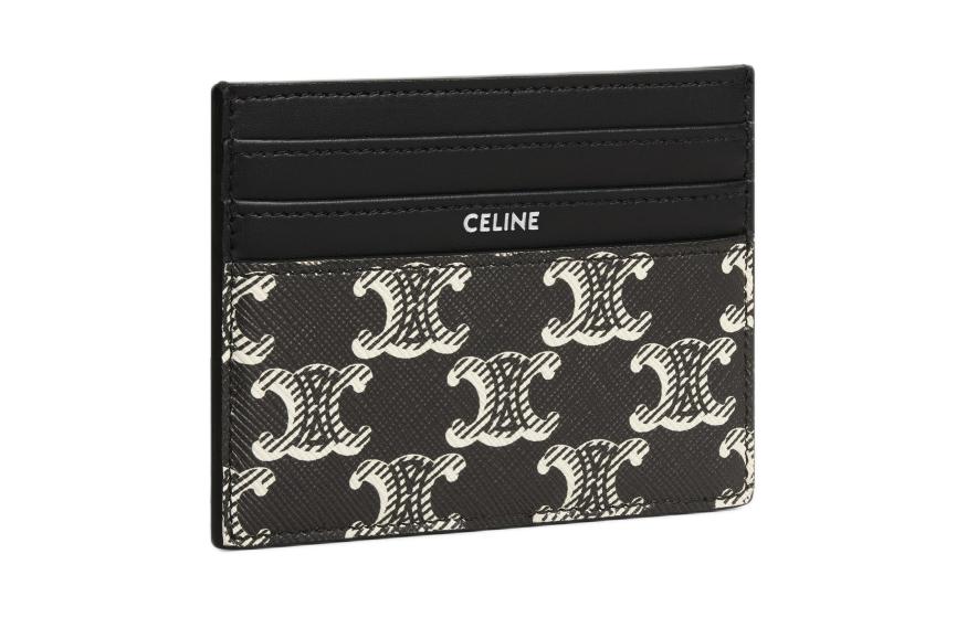 CELINE Cow Leather Card Holder Tubas Men's Black & White