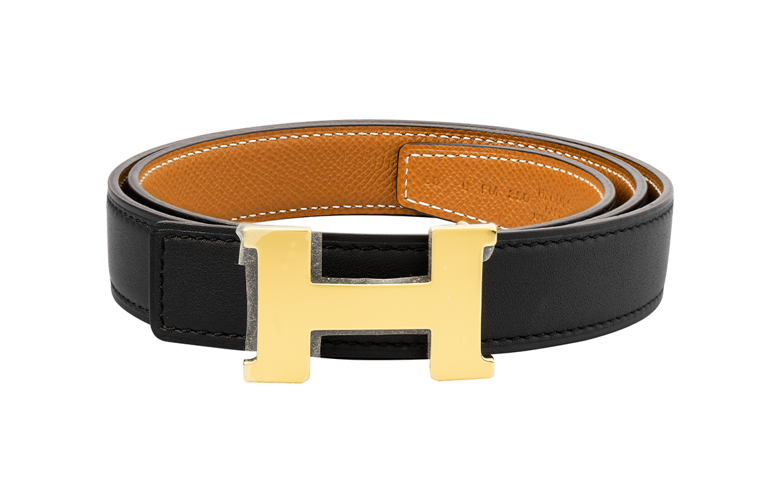 HERMES Cow Leather Leather Belts Women's Black Gold Width 2.4CM