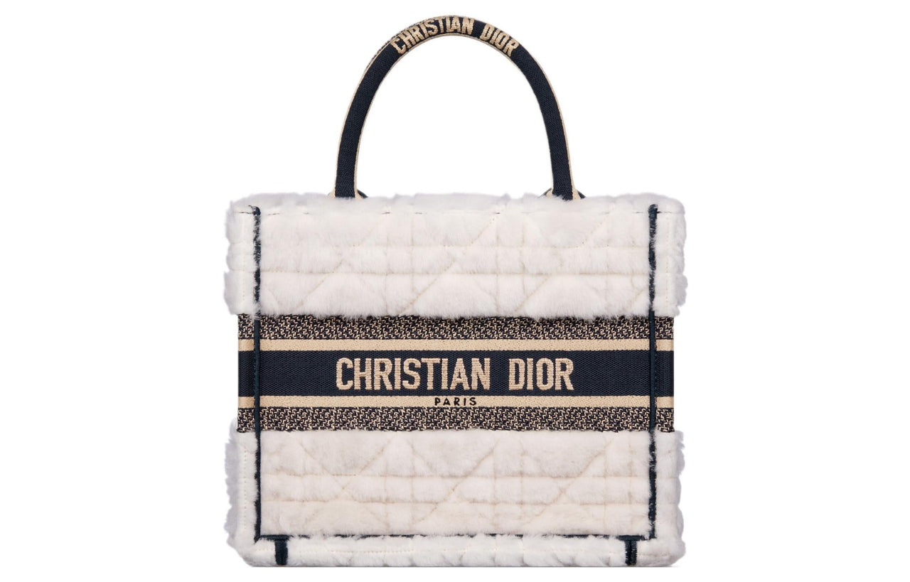 DIOR BookTote Shearling Tote Bag Shopping Bag Handbag Small Size Women's White