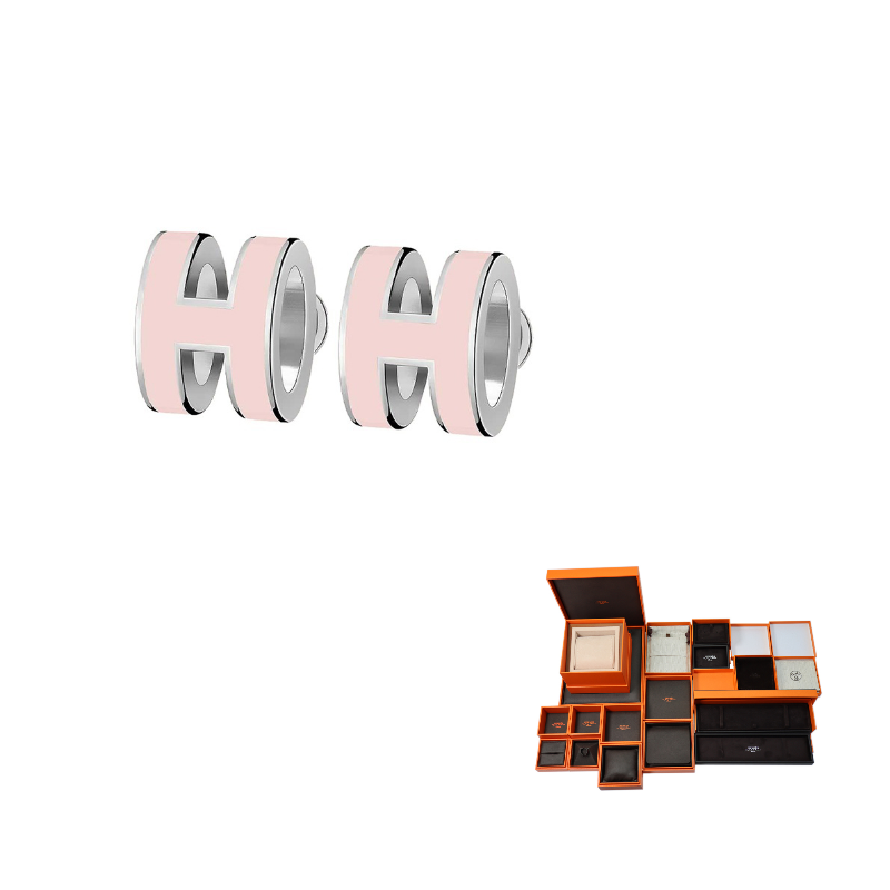 HERMES Metal Stud Earrings Women's Candy Pink With Silver Trim