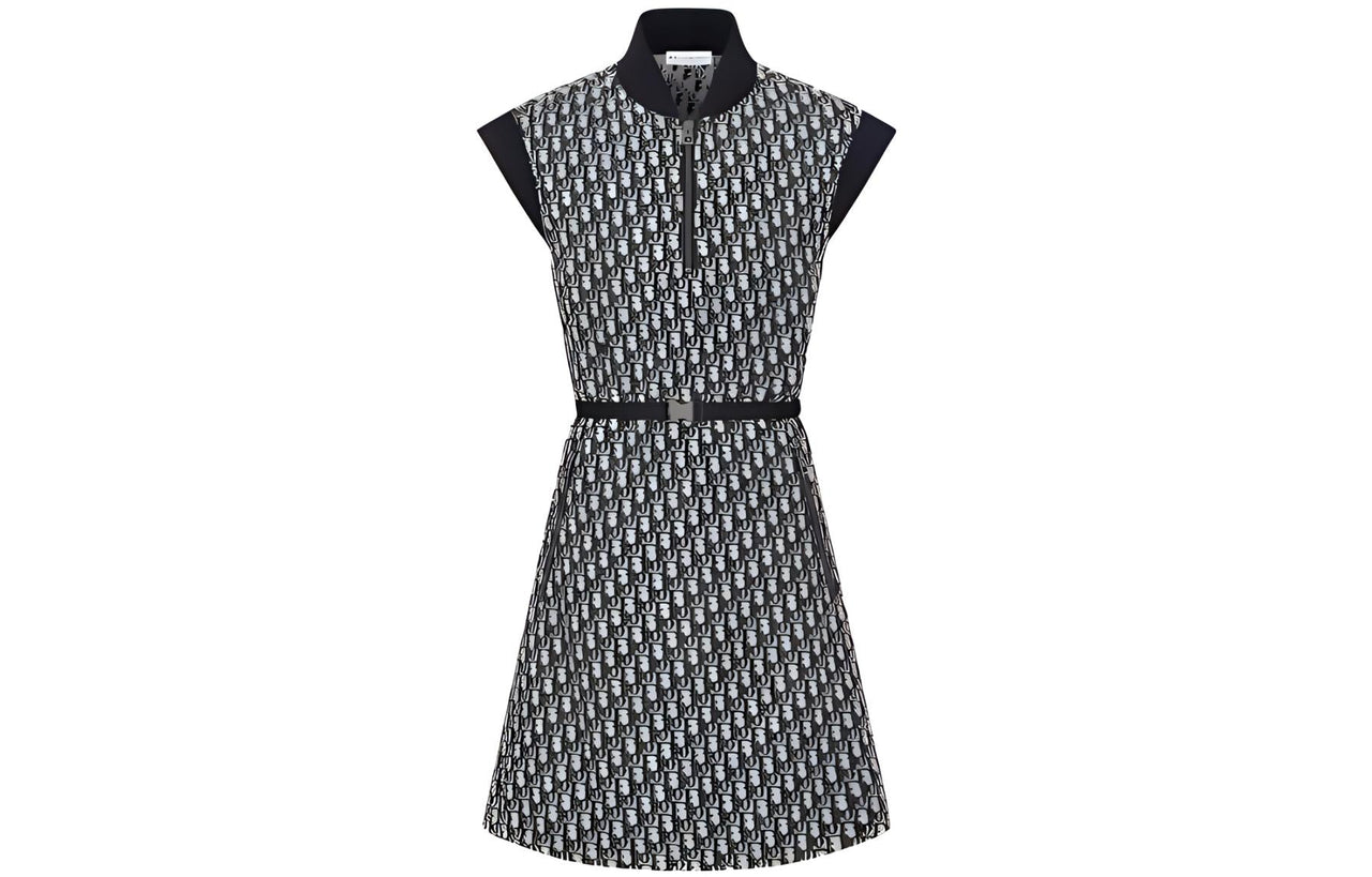 DIOR Belted Dress Technical Taffeta Jacquard With Sleeveless Dress Women's Marine Blue