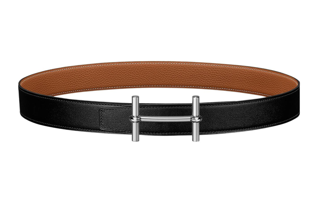 HERMES H D'Ancre Silver Buckle Togo Calfskin Double Sided Leather Belt Women's Black/Gold Width 3.2cm