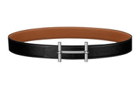 HERMES H D'Ancre Silver Buckle Togo Calfskin Double Sided Leather Belt Women's Black/Gold Width 3.2cm