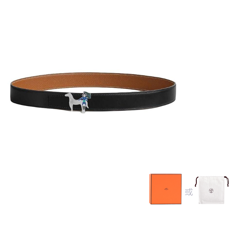 HERMES Calfskin Leather Belts Men's Black Width 3.2CM