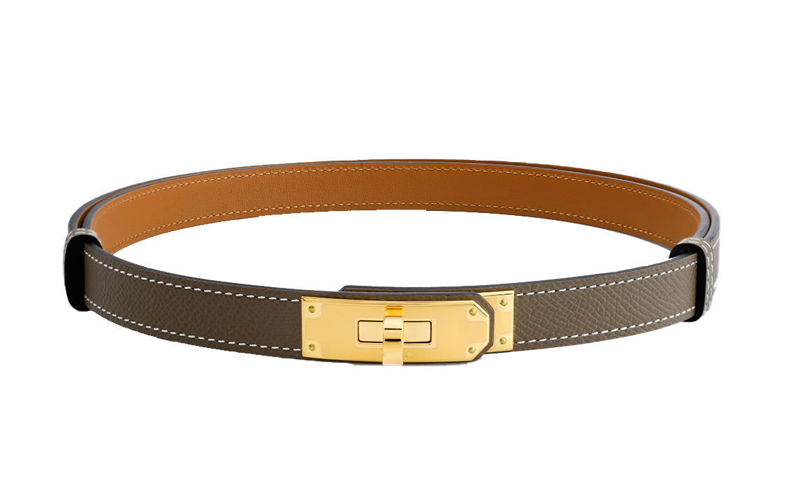 HERMES Cow Leather Leather Belts Unisex Elephant Gray/Gold Brown 1.8cm