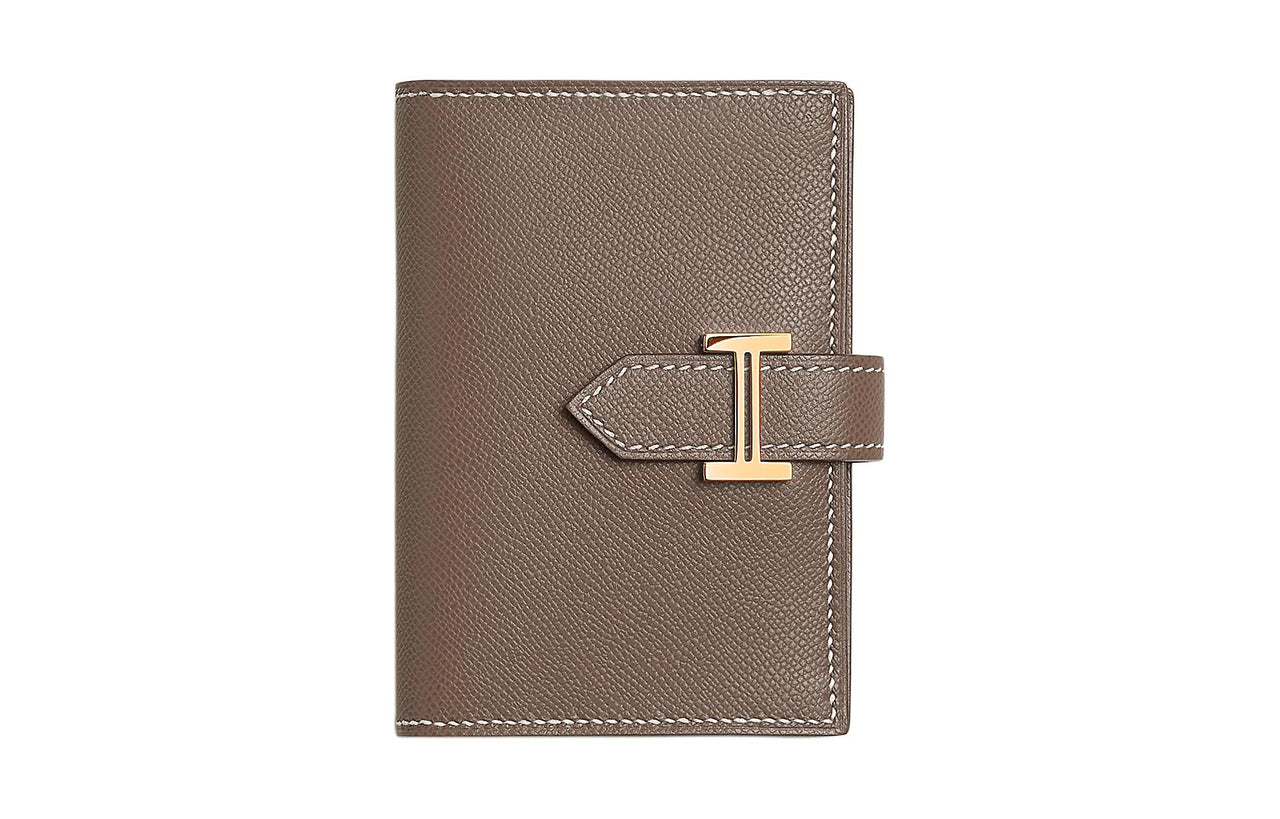 HERMES Bearn Madame Calfskin Card Holder Women's 18 Etoupe Elephant Gray