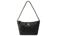 CHANEL Grained Shiny Calfskin Combo Hobo Shoulder Bag Crossbody Bag Handbag Medium Size Women's Black