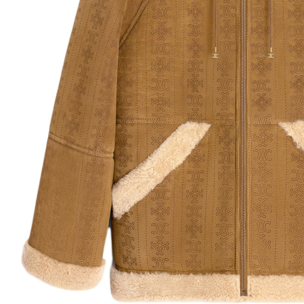 CELINE Hooded Parka In Triomphe Curly Lambskin