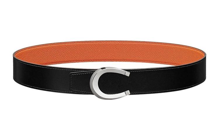 HERMES Togo Calfskin Double-Sided Leather Belt Leather Belts Men's Black/Orange Width: 3.8cm
