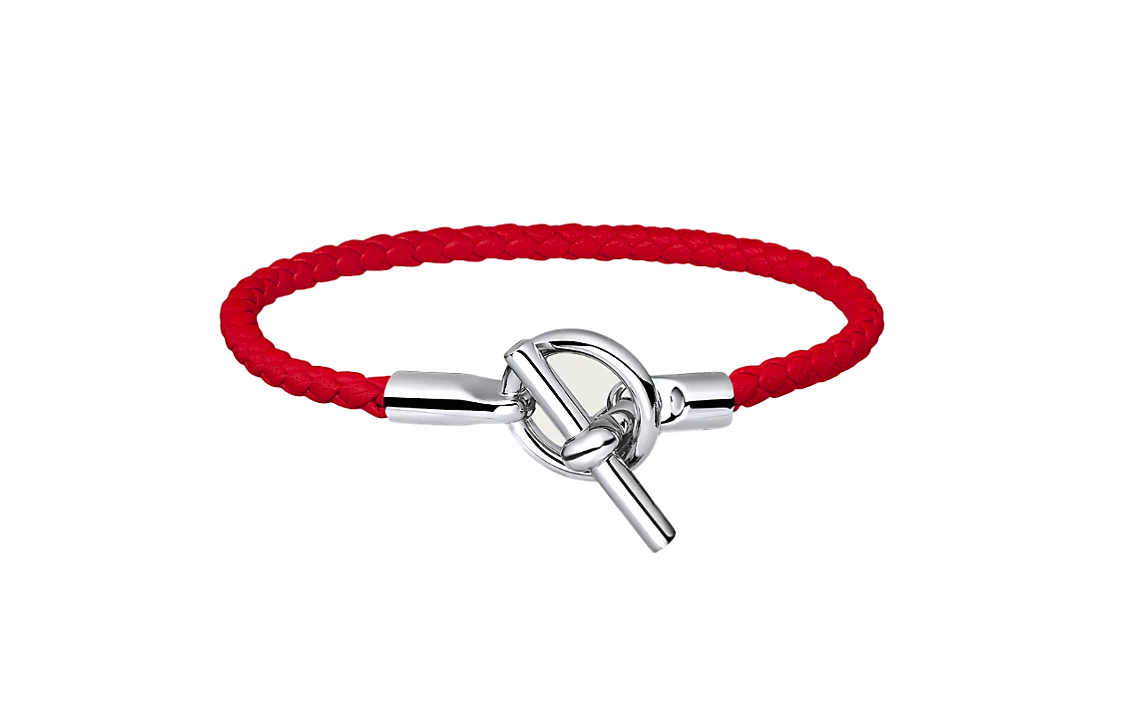 HERMES Calfskin Palladium-Plated Bracelets Unisex Red