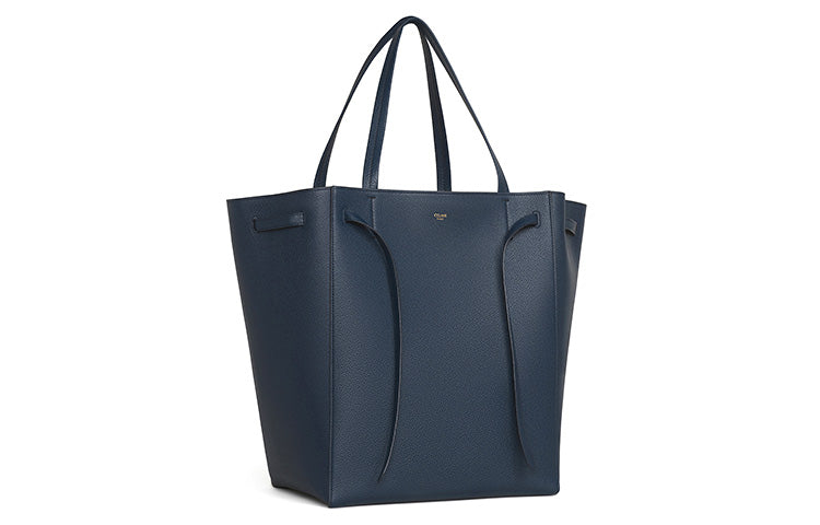 CELINE Grained Cow Leather Tote Shoulder Handbag Medium Size Women's Marine Blue