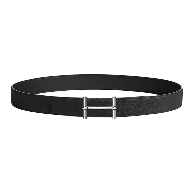 HERMES Calfskin Palladium-Plated Leather Belts Men's Black Width: 3.2CM