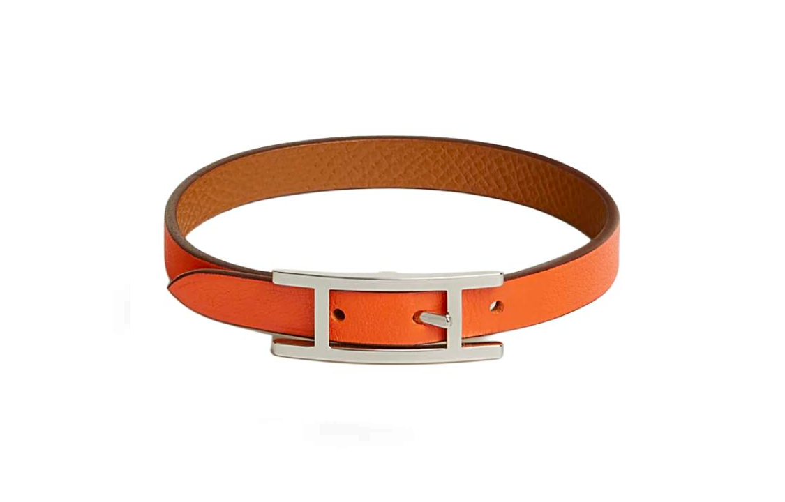 HERMES Calfskin Palladium-Plated Wristbands Women's Orange