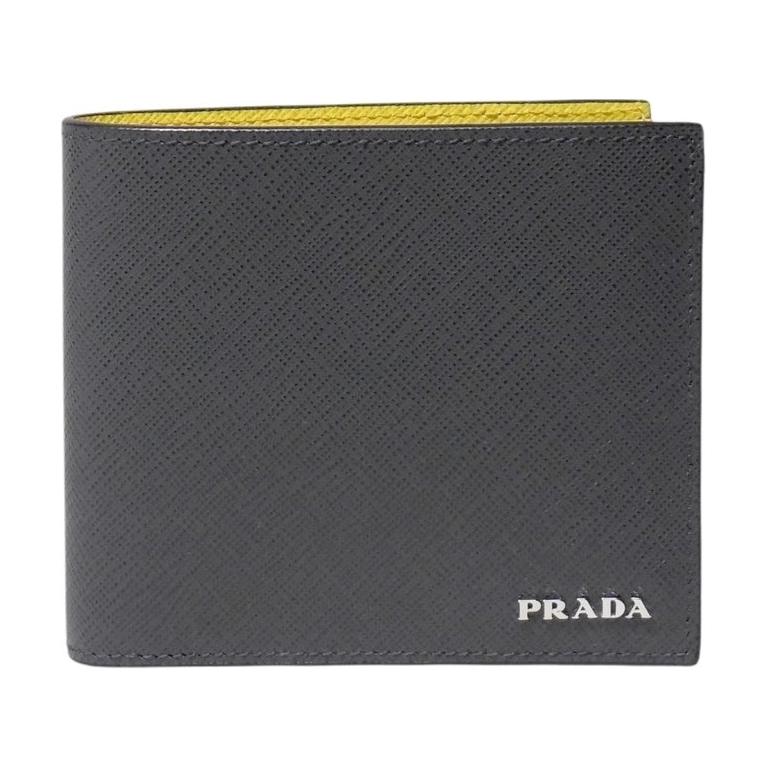 PRADA Cow Leather Wallet Men's Gray & Yellow
