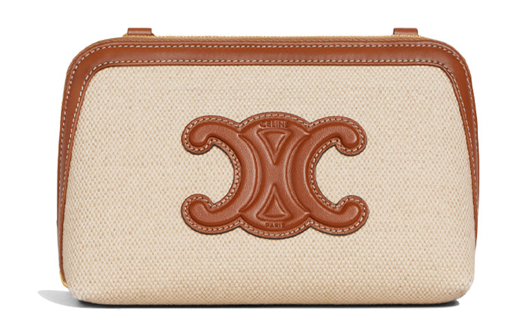 CELINE Cuir Triomphe Triumph Fabric With Cow Leather One Shoulder Crossbody Clutch Women's Natural/Tan