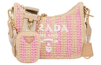 PRADA Re Edition Natural Raffia Fiber Leather Detail Crossbody Bag, Shoulder Bag Women's Tan/Petal Pink