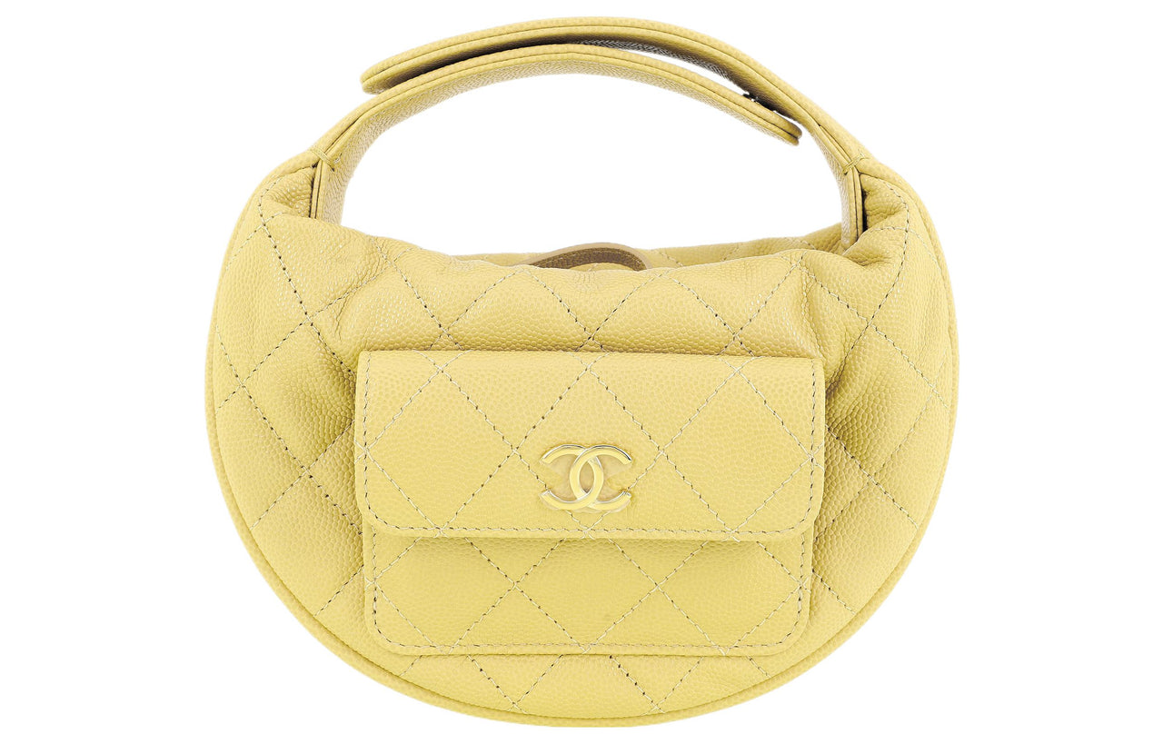 CHANEL Grained Litchi Cow Leather Crescent Moon Bag Clutch Mini Women's Yellow