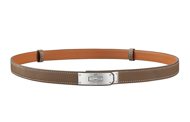 HERMES Calfskin Leather Belts Women's Elephant Gray/Silver Head Width 1.8cm