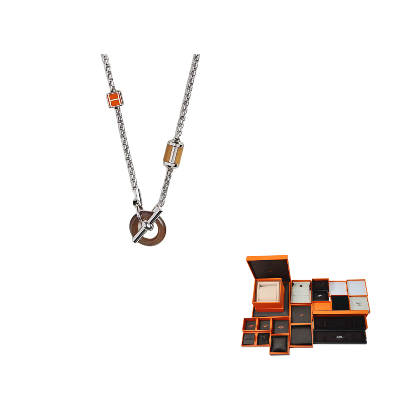 HERMES Calfskin Horn Metal Palladium-Plated Necklaces Men's Silver
