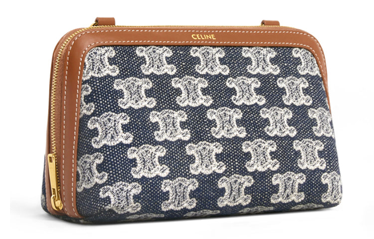 CELINE Triumph Gate Triomphe Fabric Clutch Handbag Women's Marine Blue