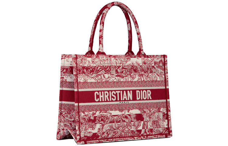 DIOR BookTote Stripes Jungle Collection Tote Bag Shopping Bag Handbag Medium Size Women's Burgundy