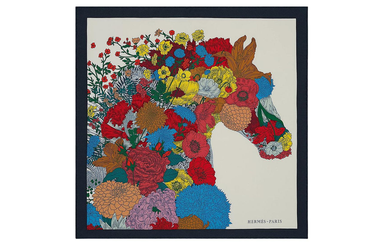 HERMES Silk Scarves Women's Marine Blue/White/Multicolor
