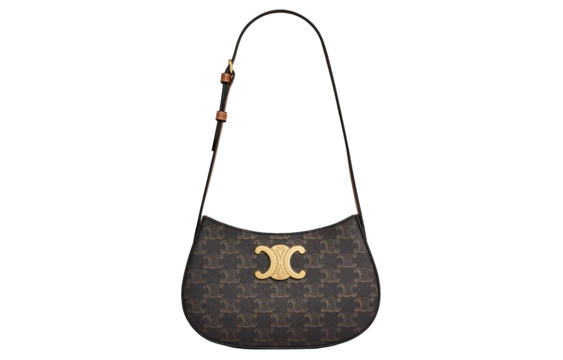 CELINE Canvas With Calfskin Handbag Shoulder Bag Medium Size Women's Brown & Black