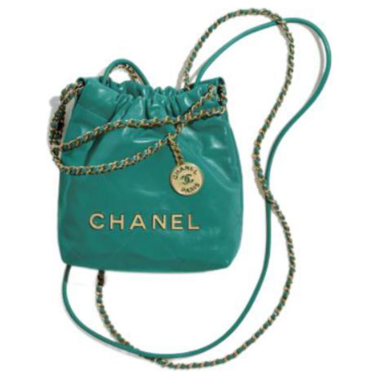 CHANEL 22Bag Shiny Calfskin Bucket Bags Shoulder Bag Crossbody Bag Mini Women's Peacock Green